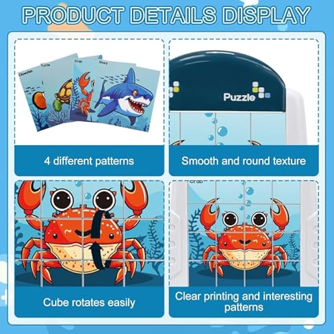 ROTATING 3-D PUZZLE, ROTATING PUZZLE TOY WITH 16 PIECES SMALL CUBES, PUZZLE FOR CHILDREN ON AIRPLANE AND CAR DRIVING ACTIVITY, GIFTS FOR BOYS AND GIRLS (SEA LIFE) - Image 4